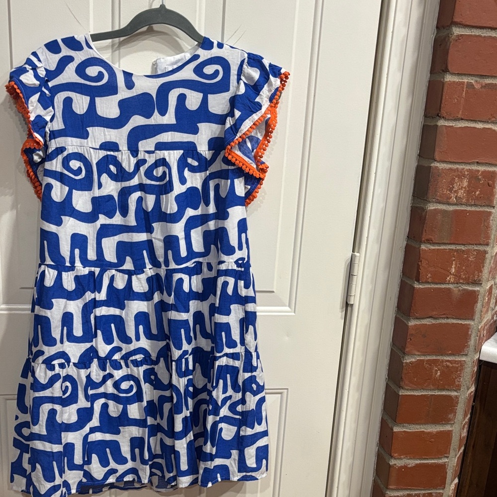 THML Blue and White Kids Dress with Orange Trim